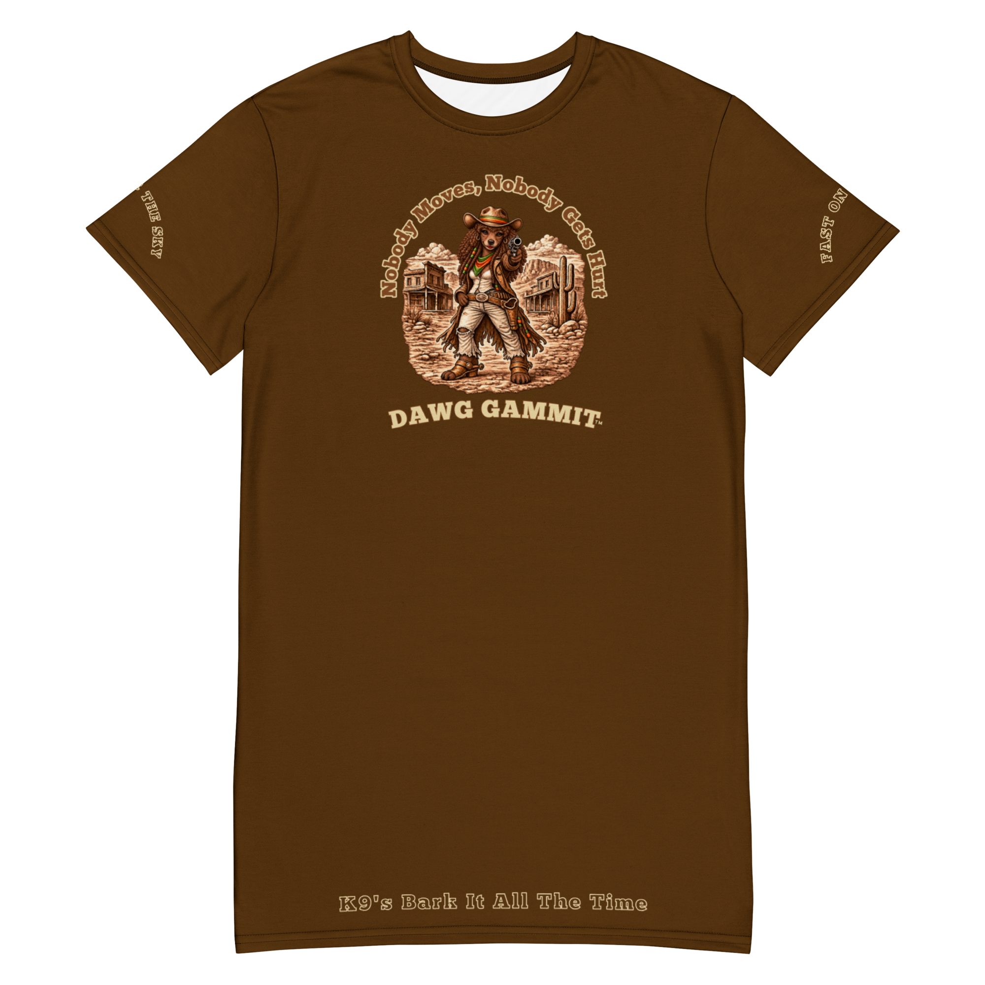 Original brown DAWG GAMMIT female Poodle outlaw T-shirt dress mockup