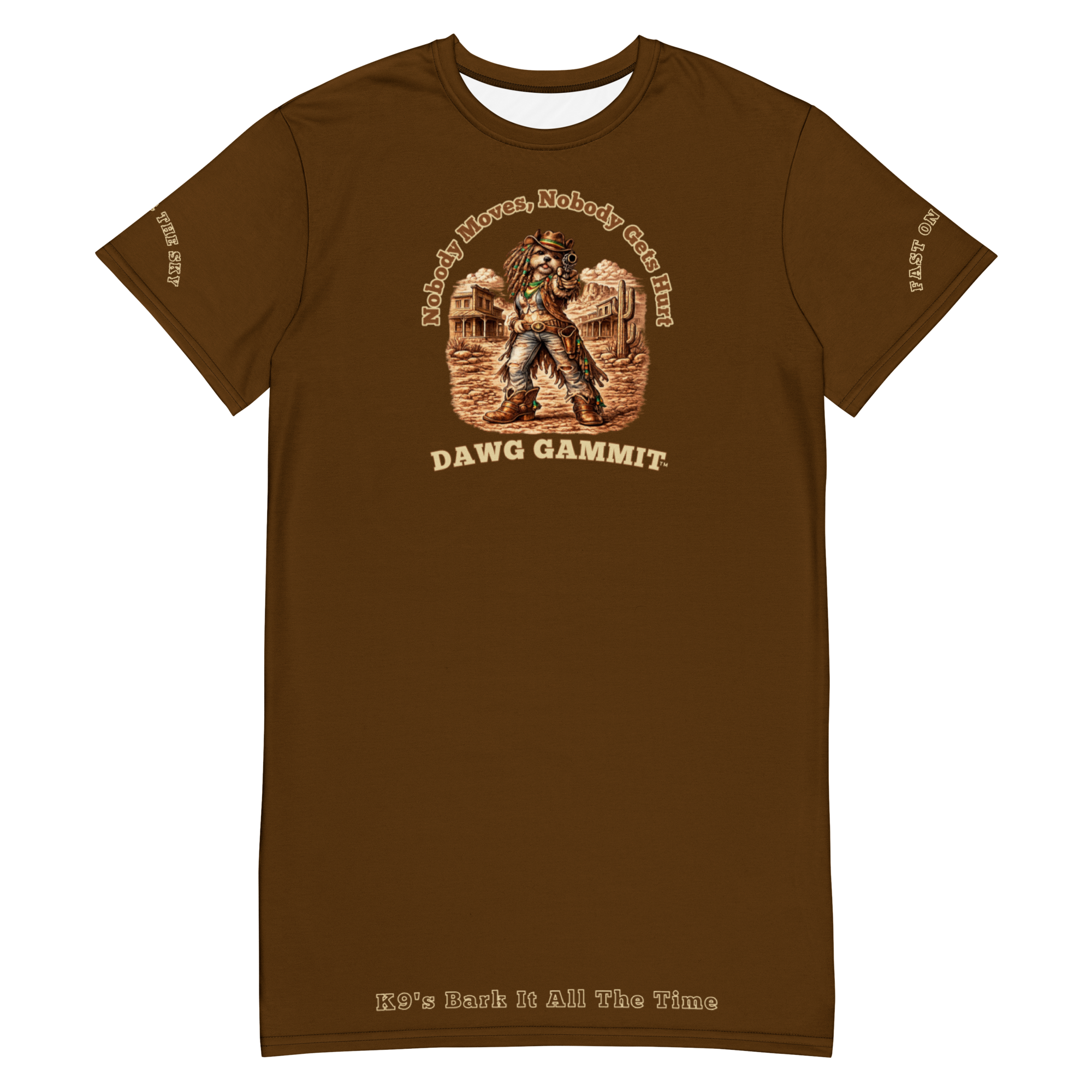 Exact brown Shih Tzu T-shirt dress product mockup with sleeve and hem artwork